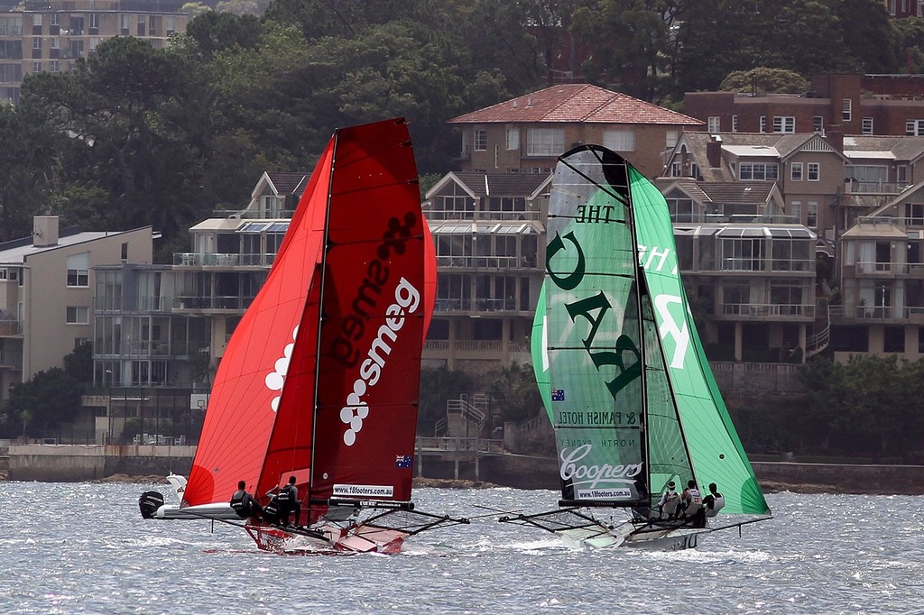 Two leaders down the Final Run - JJ Giltinan 18ft Skiff Championship 2013, Race 5 © Frank Quealey /Australian 18 Footers League http://www.18footers.com.au